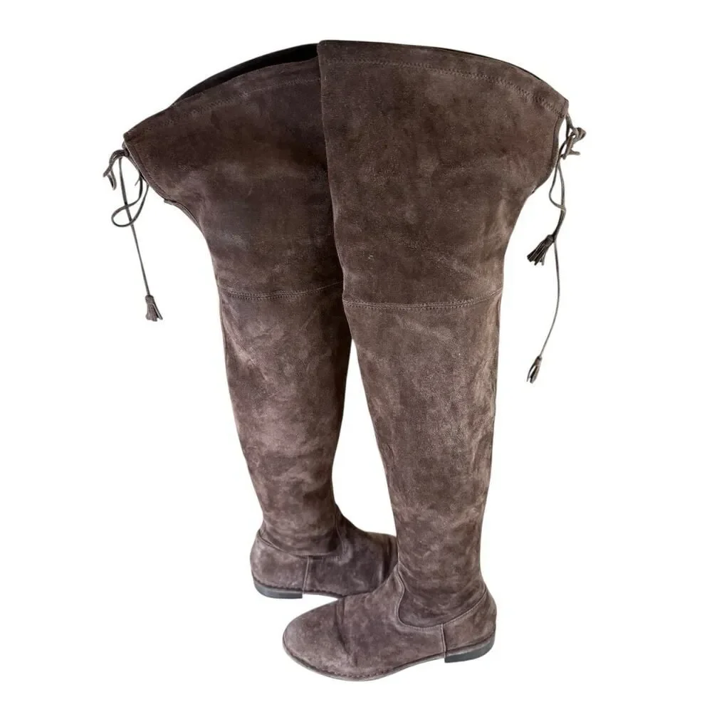 Frye Brown Suede Over-the-Knee Flat Boots with Tie Detail Size 7M